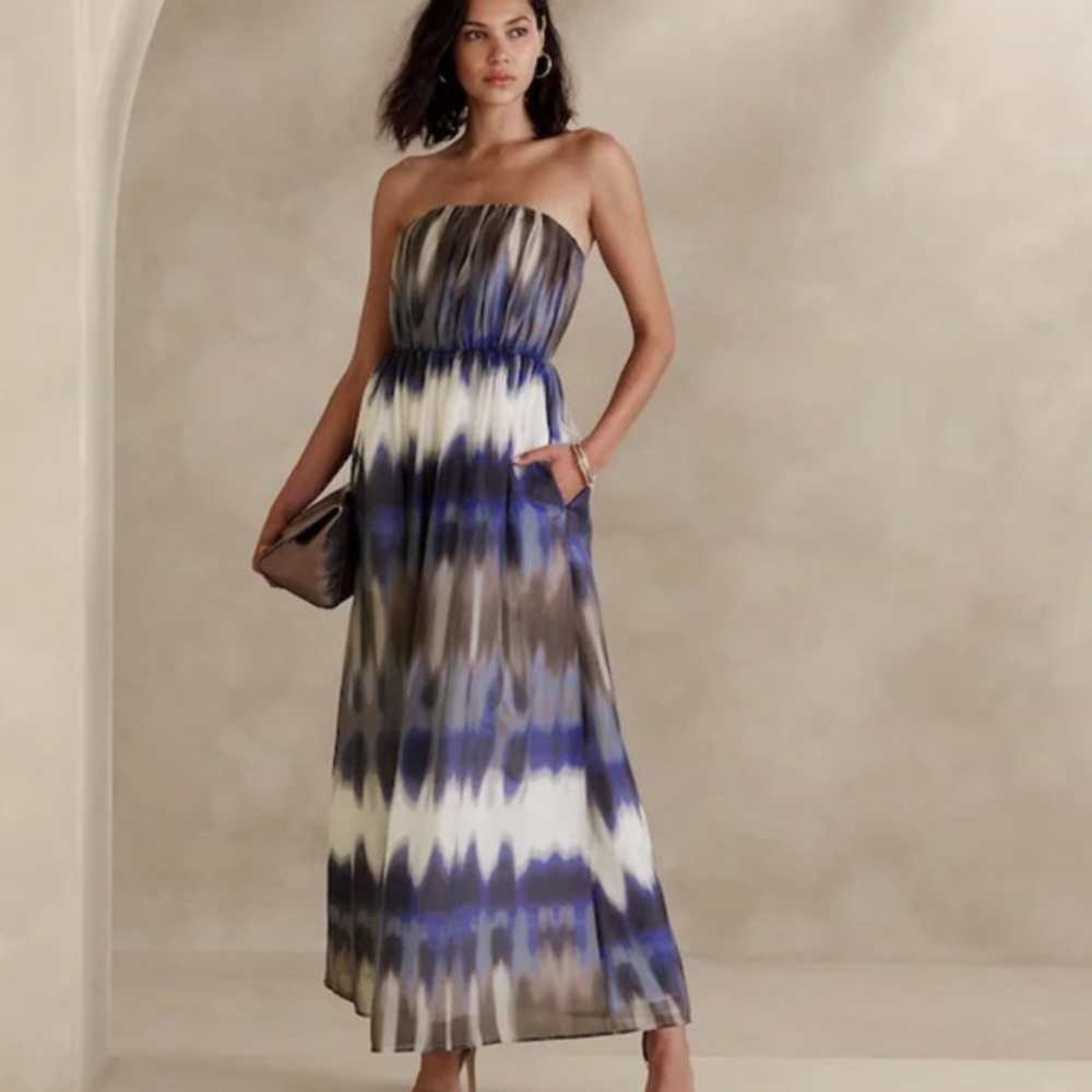 Banana Republic Blue & White Sleeveless Organza Maxi Dress NWT